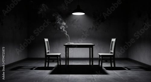 Gloomy empty room with table and chairs under a single lamp. Dark interrogation room or police station concept. Psychological drama background for crime film.