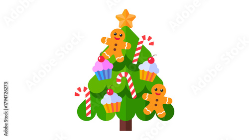 Festive Delight: A whimsical Christmas tree, adorned with cheerful gingerbread men, tempting cupcakes, and classic candy canes, stands as a vibrant symbol of holiday joy.