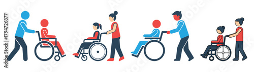 Illustrations of people assisting individuals in wheelchairs, promoting inclusion, accessibility, and support for disabled community on transparent background