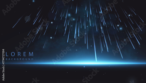 Abstract light background with blue glowing rays of light directed from above, with soft particles on a dark background. Futuristic atmospheric rays with shimmering highlights.