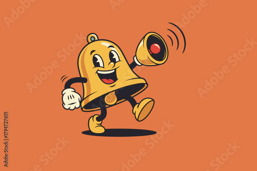 Retro cartoon bell character ringing a bell with a happy express