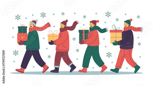 Gift-Giving Journey: A jovial group of friends march through a winter wonderland, each carrying a wrapped gift, spreading warmth, cheer and anticipation in the heart of winter. 
