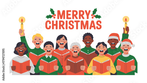 Joyful Chorus of Festive Greetings: A diverse group of carolers exude holiday spirit as they sing with lighted candles. Their faces are illuminated with pure joy.