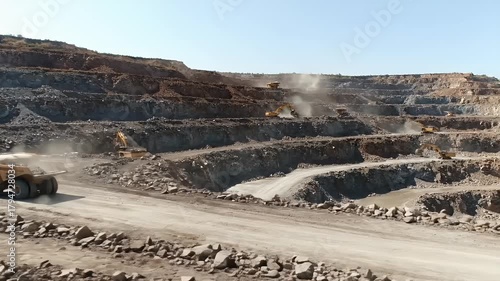 Open-Pit Mining Landscape: Aerial View of Extraction Site with Heavy Equipment Dust