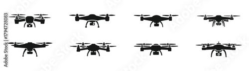Collection of drone silhouettes, showcasing various angles and designs of unmanned aerial vehicles for technology and aviation concepts on transparent background