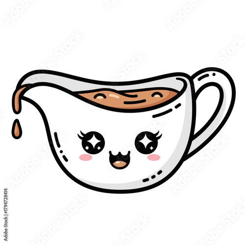 Cute gravy boat with happy face spilling sauce for Thanksgiving  