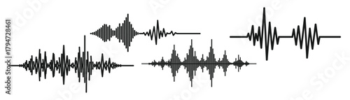 Collection of sound wave forms, representing audio signals, music visualization, and technological data analysis for sound engineering on transparent background