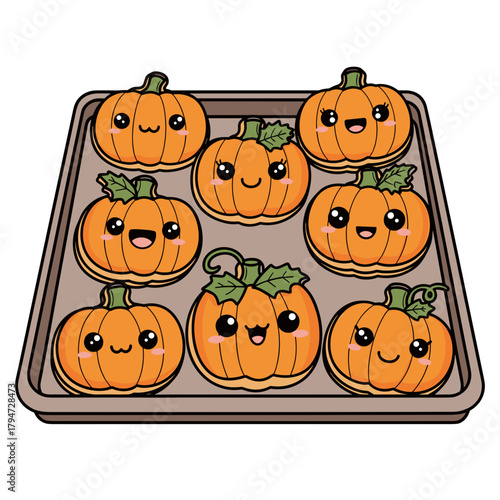 Cute pumpkin cookies arranged on baking tray for Thanksgiving  
