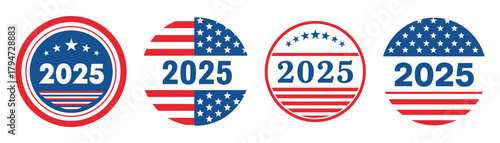 Set of 2025 patriotic badges representing the year and american pride, ideal for event promotion and national celebrations on transparent background