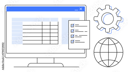 Computer screen displaying a spreadsheet, checklist document, gear symbolizing settings, and globe representing global connection. Ideal for organization, planning, data, teamwork, globalization