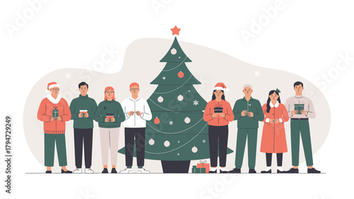 Holiday Gathering: A joyous group of individuals, with a diverse mix of ages and appearances, gathers around a beautifully decorated Christmas tree, spreading cheer.