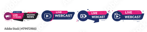 Collection of live webcast banners with play button, megaphone and breaking news icons modern vector illustration of live streaming on transparent background
