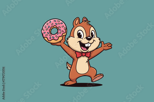 Cute cartoon chipmunk character holding a pink frosted donut.
