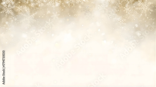 Abstract winter background with falling snowflakes in soft gold and white tones, creating a festive and ethereal atmosphere.