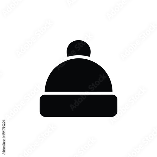 Black winter hat icon with pompom, simple cold weather headwear silhouette