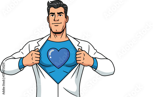 Superhero doctor illustration, medical hero concept, healthcare professional with heart emblem, compassion and strength, cartoon vector, lab coat reveal, blue theme