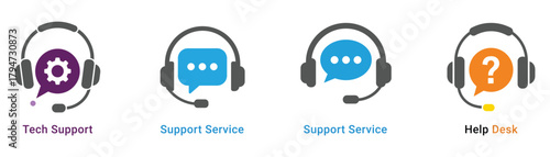 Tech support service icons collection of vector illustrations of customer service, help desk, call center, and online assistance on transparent background
