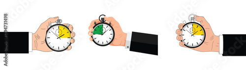 Hand holding stopwatch with time passing, representing urgency, deadline, and time management in business and personal life on transparent background