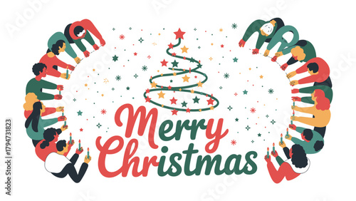 Holiday Gathering: A festive illustration of diverse individuals united in the spirit of togetherness, forming a celebratory circle around a Christmas tree.