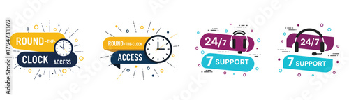 Roundtheclock access and 247 support icons customer service, online assistance, and technical support vector illustration set on transparent background