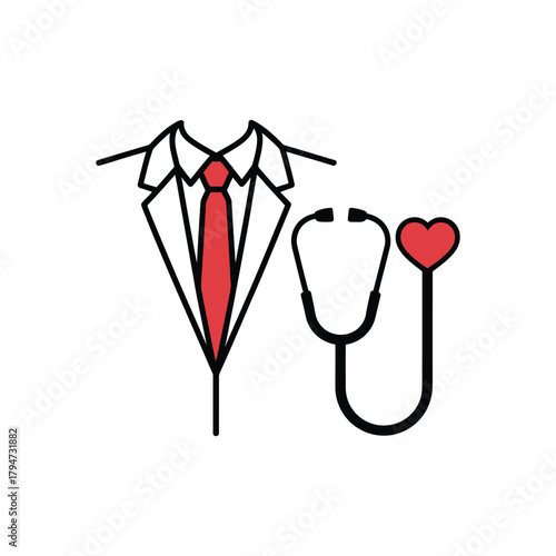 Doctor's coat with red tie and stethoscope, heart symbol, medical concept