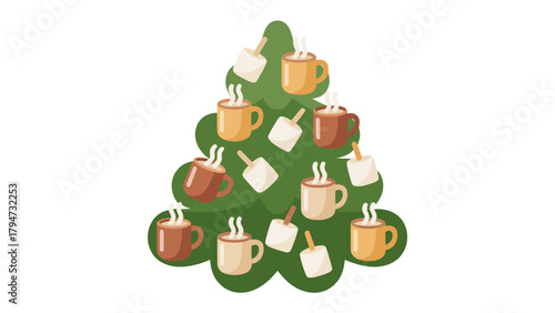 Holiday Cocoa Delight: A festive image, a vibrant Christmas tree adorned with delightful mugs of hot cocoa, each topped with a fluffy marshmallow, evoking warmth and holiday cheer.