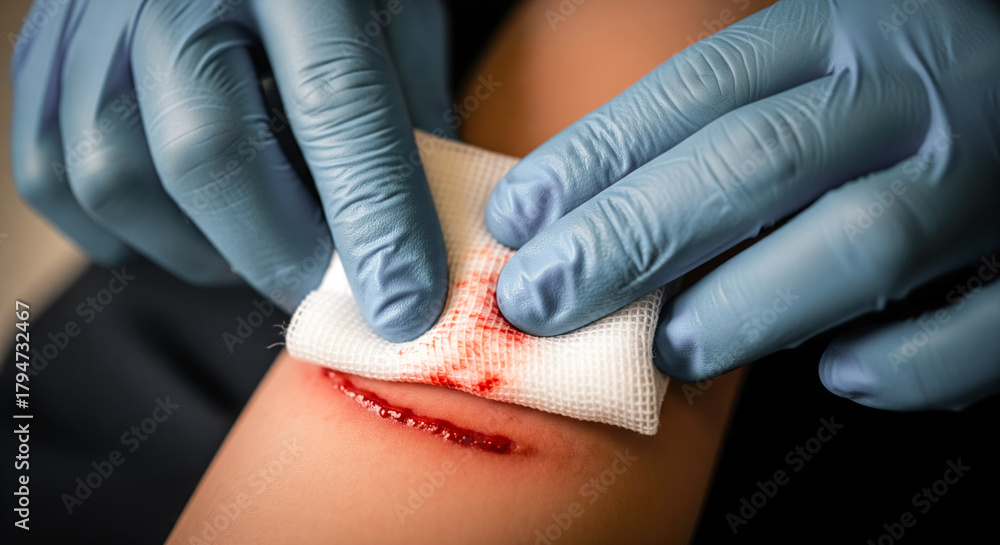 Fototapeta premium First responder applying direct pressure with a sterile gauze pad to a bleeding wound to stop the bleeding