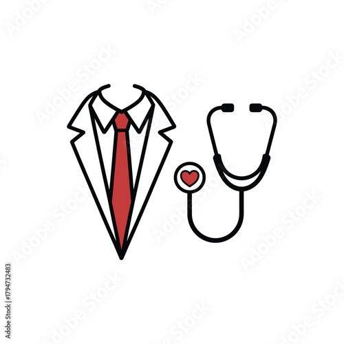 Medical doctor uniform outline with stethoscope, heart symbol icon design.