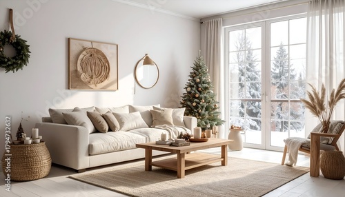 Cozy winter living room with a decorated Christmas tree, large windows revealing a snowy landscape outside