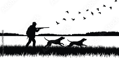 Hunting silhouette, man with shotgun, hunting dogs, flying birds, forest scene, outdoor activity, nature illustration, black and white, wildlife moment, dramatic composition