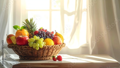 Wallpaper Mural A vibrant assortment of fresh fruits arranged in a wicker basket on a sunlit table by a window Torontodigital.ca