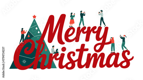 Holiday Cheer: A festive Christmas scene, where people engage with decorations and embrace the season's joyful spirit. Capturing the essence of unity and celebration.