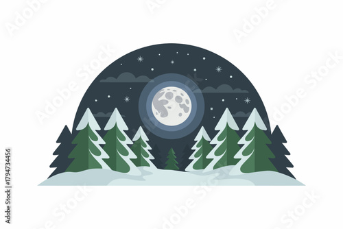 Serene winter forest under a full moonlit night sky.
