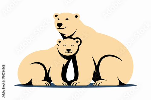 Loving polar bear mother and cub embracing warmly on white background.