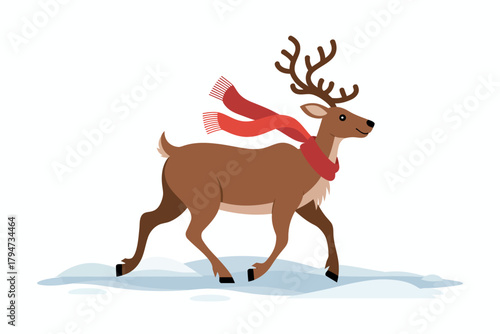 Joyful reindeer with a festive red scarf trotting through snowy winter landscape