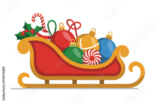 Festive red sleigh overflowing with colorful Christmas ornaments and holly