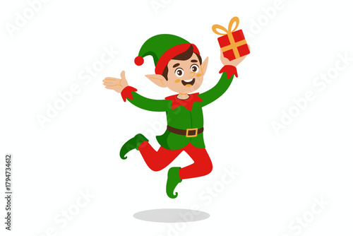 Joyful cartoon elf with gift box jumping with excitement