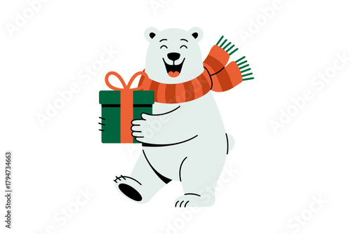 Joyful polar bear in a festive scarf happily carrying a holiday gift