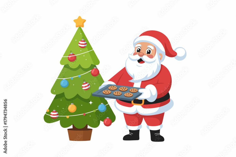 Fototapeta premium Jolly Santa Claus holding freshly baked cookies near a decorated Christmas tree