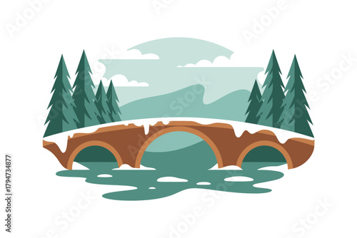Charming stone bridge covered in snow, spanning a serene winter river amidst pine trees and misty mountains.
