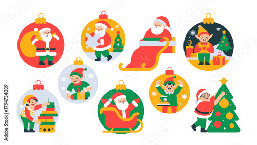 Festive Holiday Ornaments: A vibrant collection of Christmas ornaments, featuring Santa Claus and playful elves. A cheerful image capturing the spirit of the holiday season.