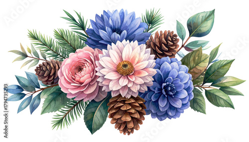 Watercolor floral arrangement with pinecones, foliage, and mixed flowers