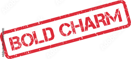 A captivating red grunge stamp displays the enchanting phrase Bold Charm for appealing visuals