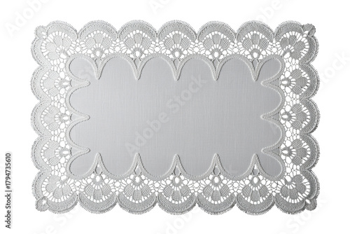 High-contrast white lace doily on black backdrop