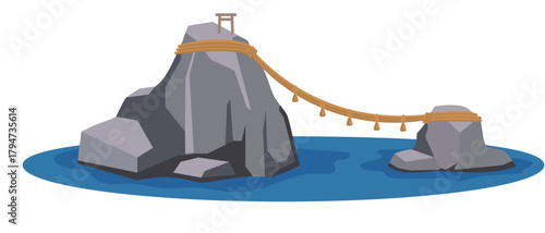 三重県の夫婦岩と青い海 シンプルで可愛らしい観光地のイラスト