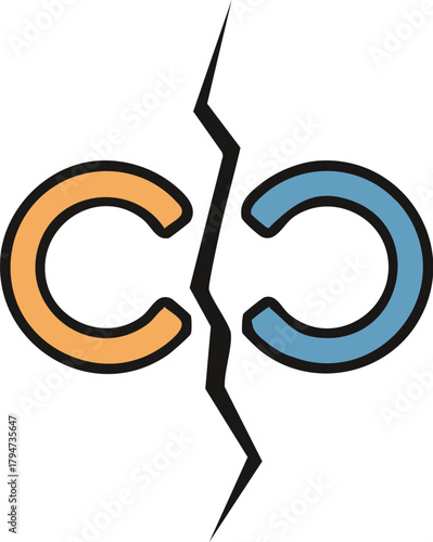 Abstract representation of two halves of a circular shape separated by a crack symbolizing division or connection, digital art