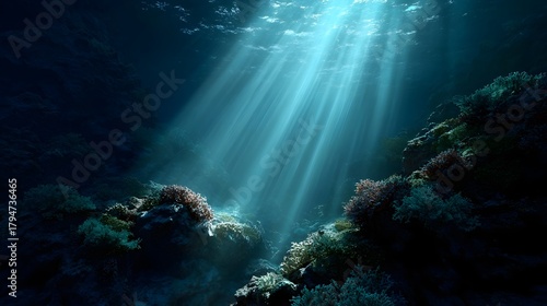 Fototapeta Naklejka Na Ścianę i Meble -  Sunlight streams through the deep blue ocean illuminating a vibrant coral reef and rocky seabed