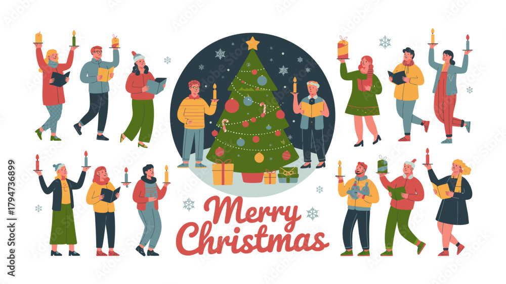 Fototapeta premium Christmas Carols near a Christmas Tree: Festive gathering of people holding candles and singing carols around a decorated christmas tree.