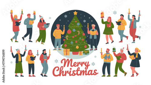 Christmas Carols near a Christmas Tree: Festive gathering of people holding candles and singing carols around a decorated christmas tree.