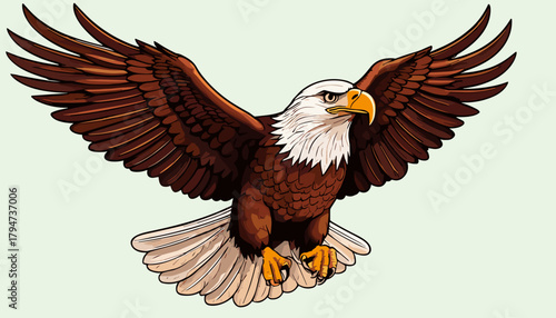 Bald eagle flying over soft blue background